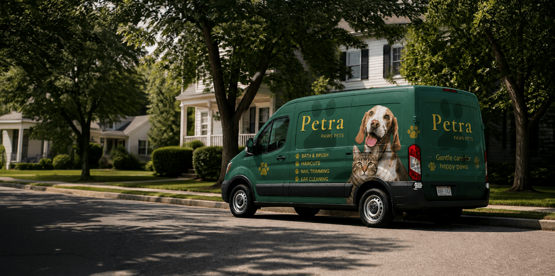 Petra Paws grooming van parked in a Dubai neighbourhood