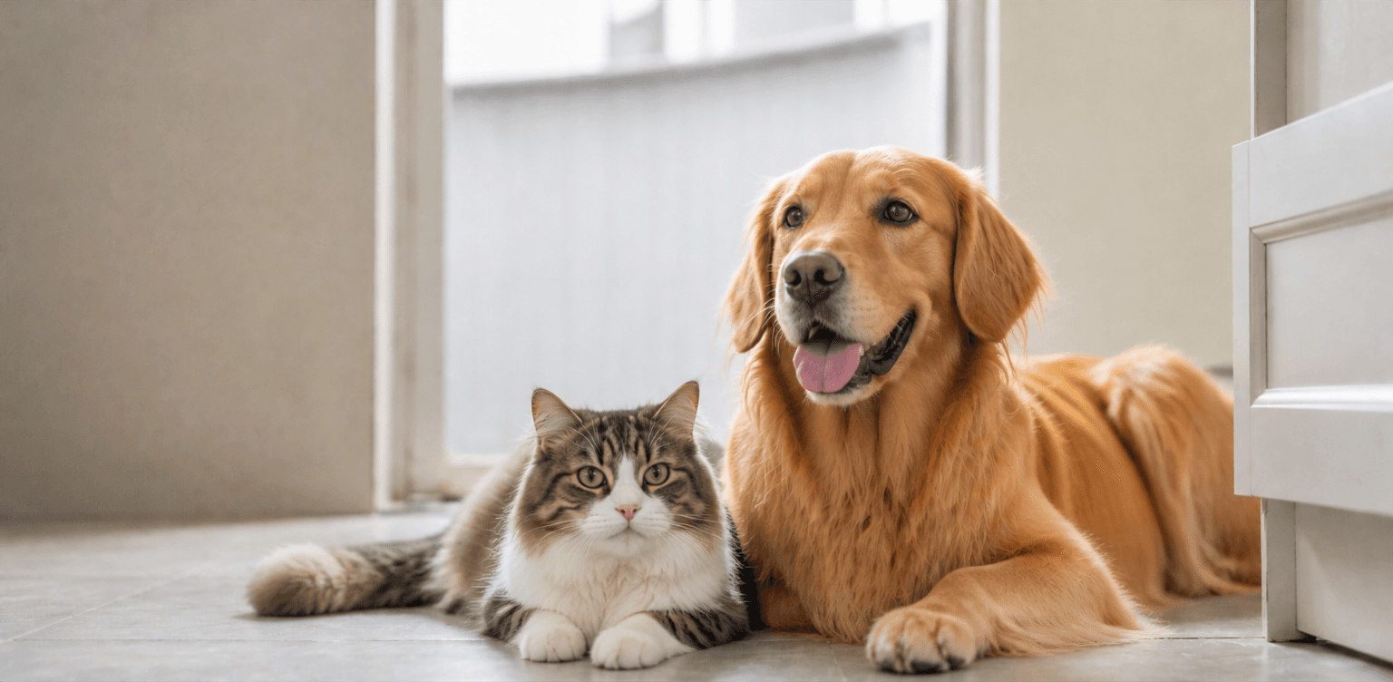 Golden retriever and cat waiting by the door for grooming