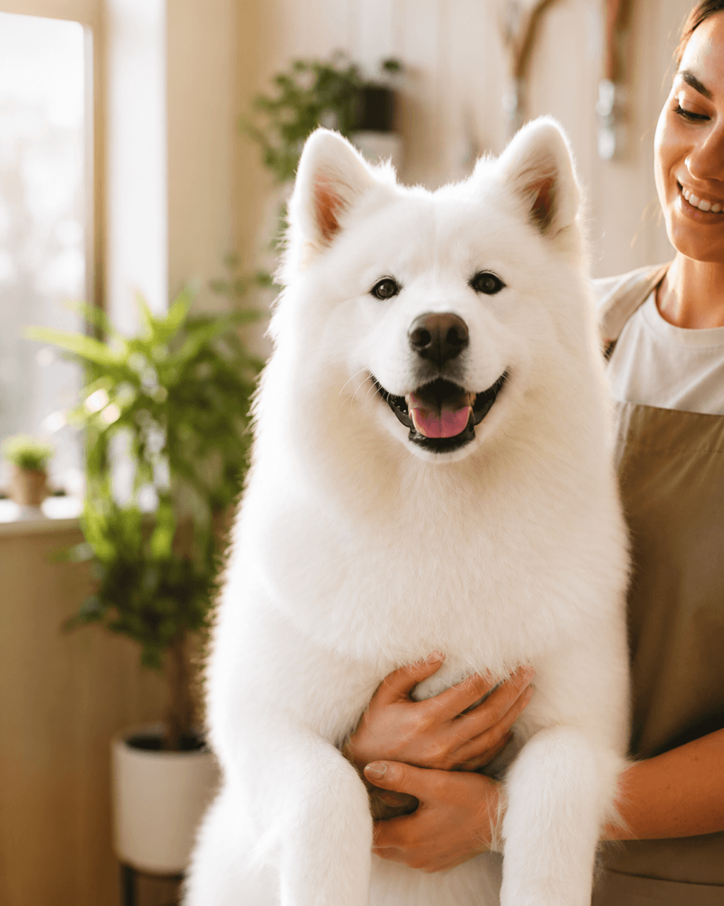 White fluffy dog ready for grooming